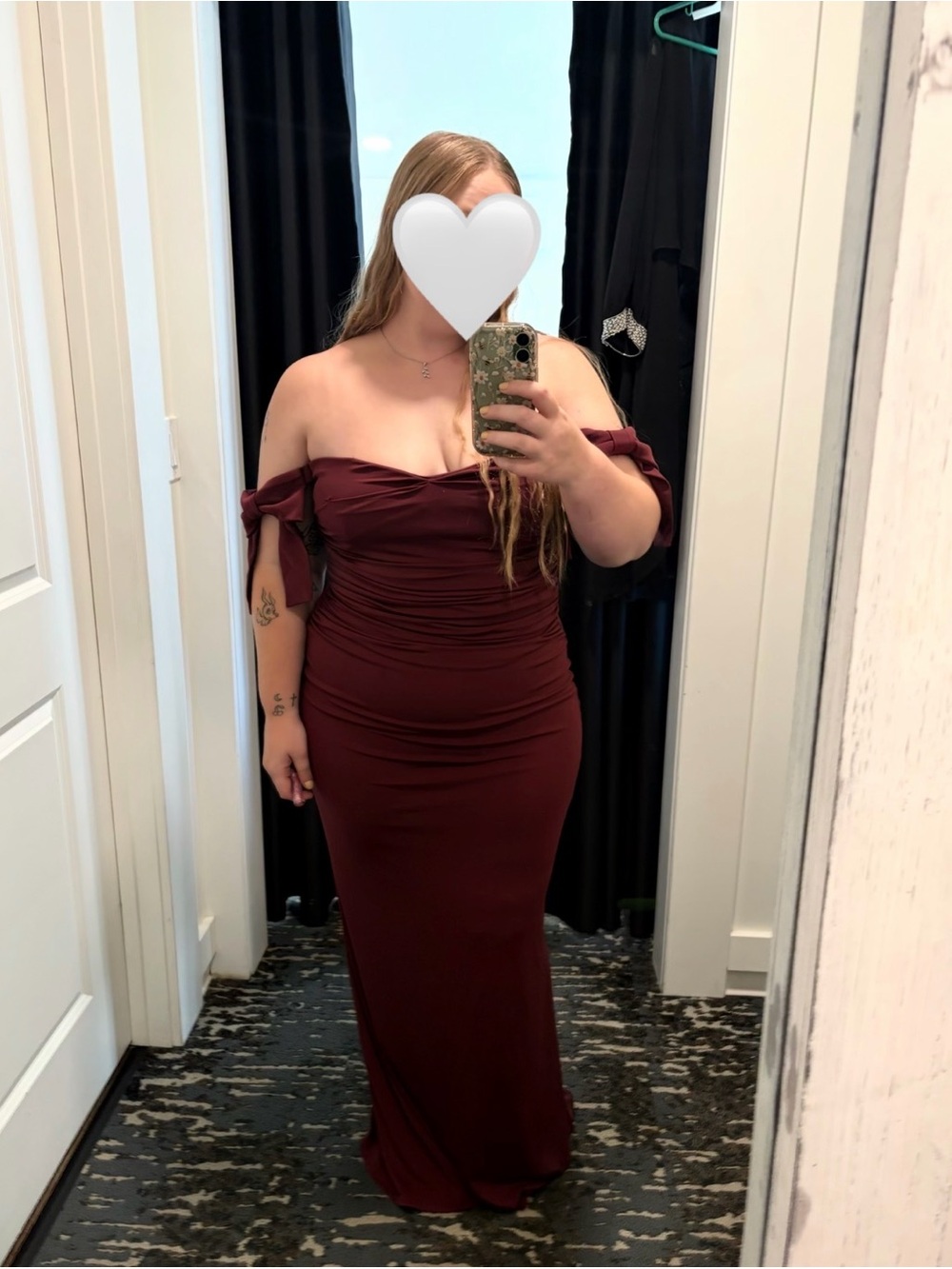 Birdy Grey Strapless Off-Shoulder Burgundy Evening Gown